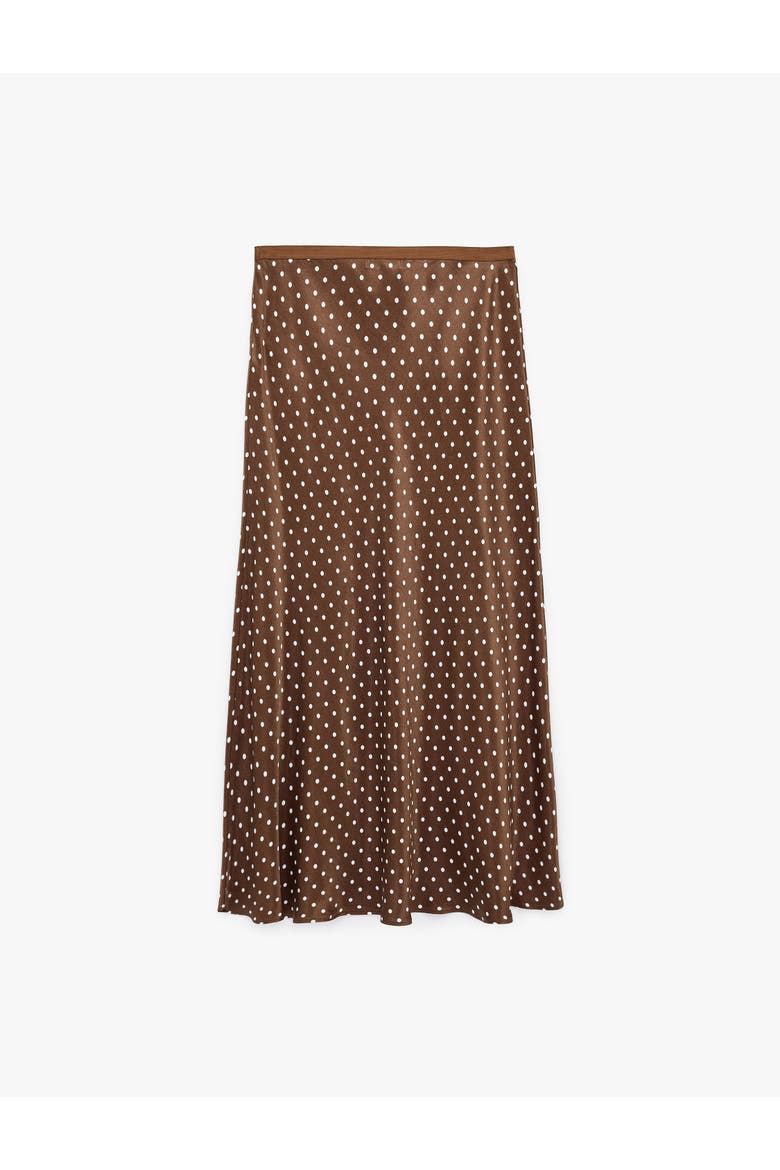 Polka Dot Flared Midi Satin Skirt, Alternate, color, BROWN DESIGN