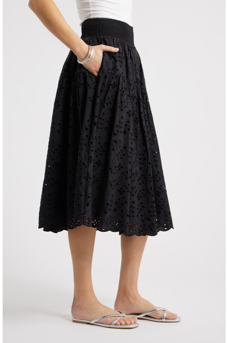 Smocked Waist Eyelet Midi Skirt, Alternate, color, BLACK