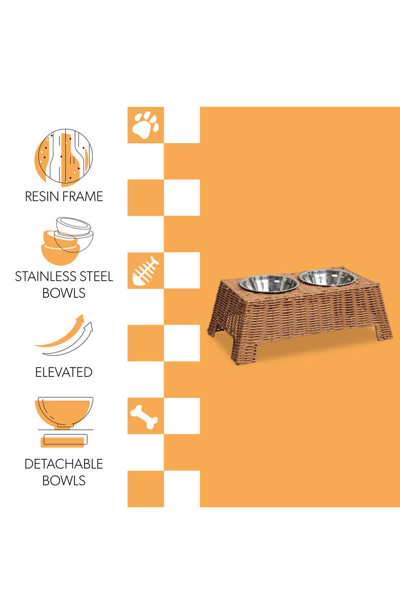The Licker Store Serenity 6.9" Small/Medium Elevated Wicker Pet Feeder with 18oz (2.2 Cups) 2-Stainless Steel Bowls, Alternate, color, Brown