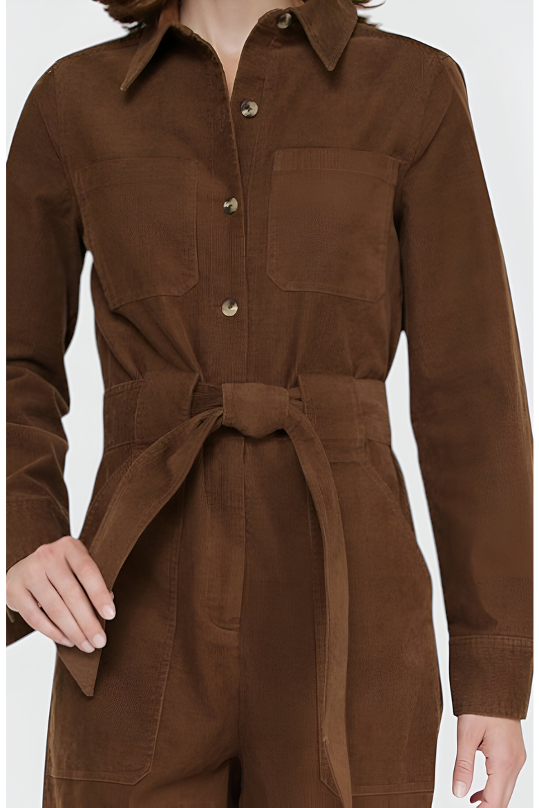 Ribbed Long-Sleeve Jumpsuit with Patch Pockets, Alternate, color, Brown