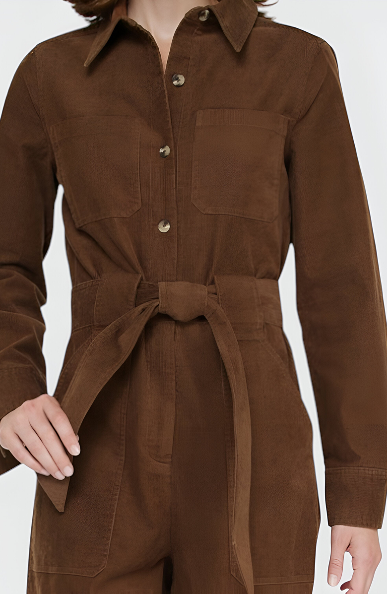 Modenaire Ribbed Long-Sleeve Jumpsuit with Patch Pockets, Alternate, color, Brown