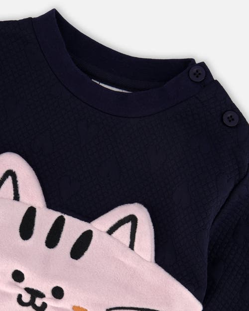 Deux Par Deux Long Bi-material Top With Cat In Blue