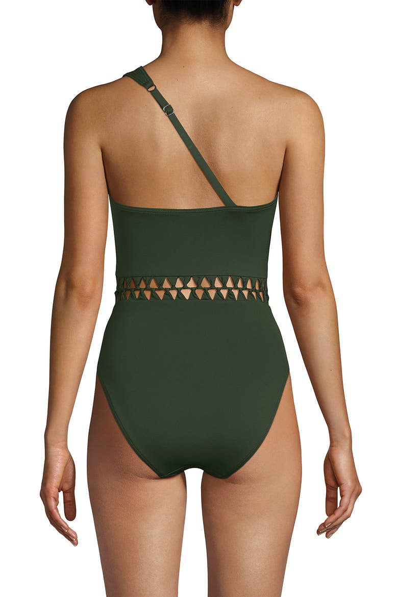 Macrame One Shoulder High Leg One Piece Swimsuit, Alternate, color, Rich Olive Green