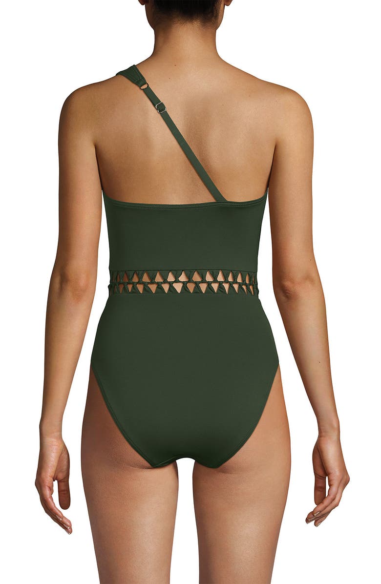 Lands' End Macrame One Shoulder High Leg One Piece Swimsuit, Alternate, color, Rich Olive Green