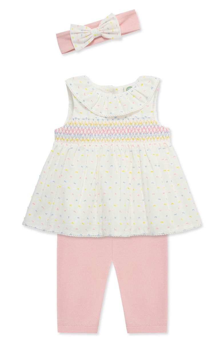 Little Me Smocked Tunic, Leggings & Headband Set, Alternate, color, White/ Pink
