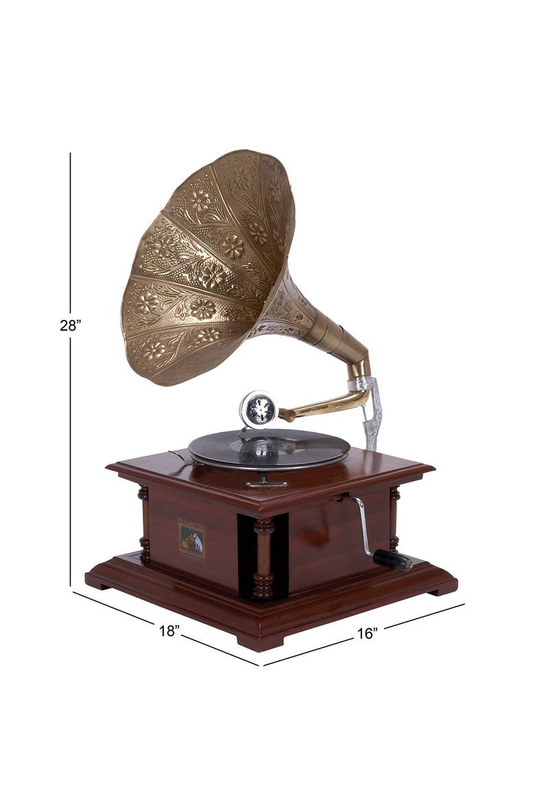 Brown Wood & Metal Vintage Gramophone, Alternate, color, BROWN