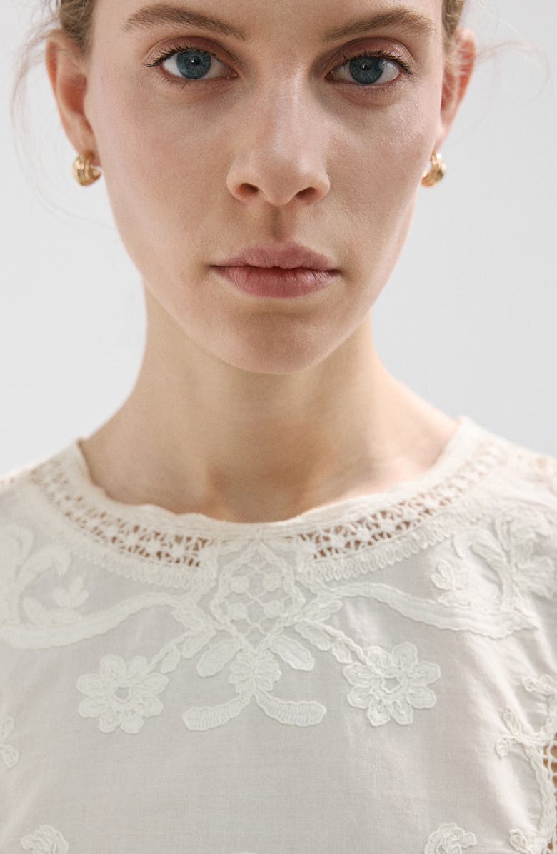 MANGO Embroidered Scalloped Trim Crop Cotton Blend Top, Alternate, color, Off White