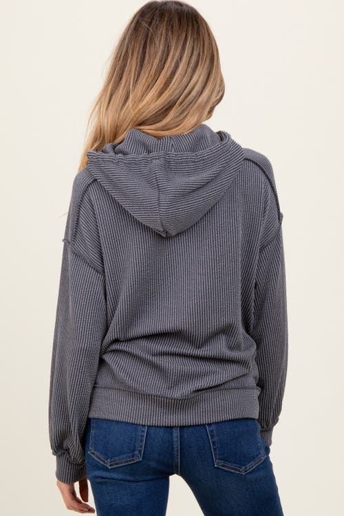 Pinkblush Ribbed Front Pocket Drawstring Hoodie In Blue