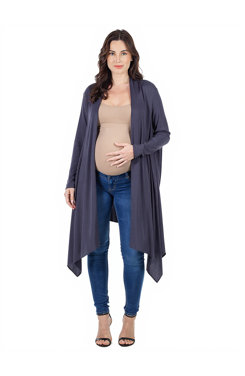 24seven Comfort Apparel Extra Long Open Front Maternity Cardigan, Main, color, Charcoal