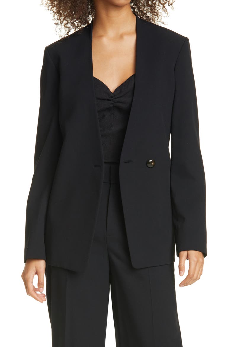 Collarless Wool Blend Blazer, Main, color, BLACK