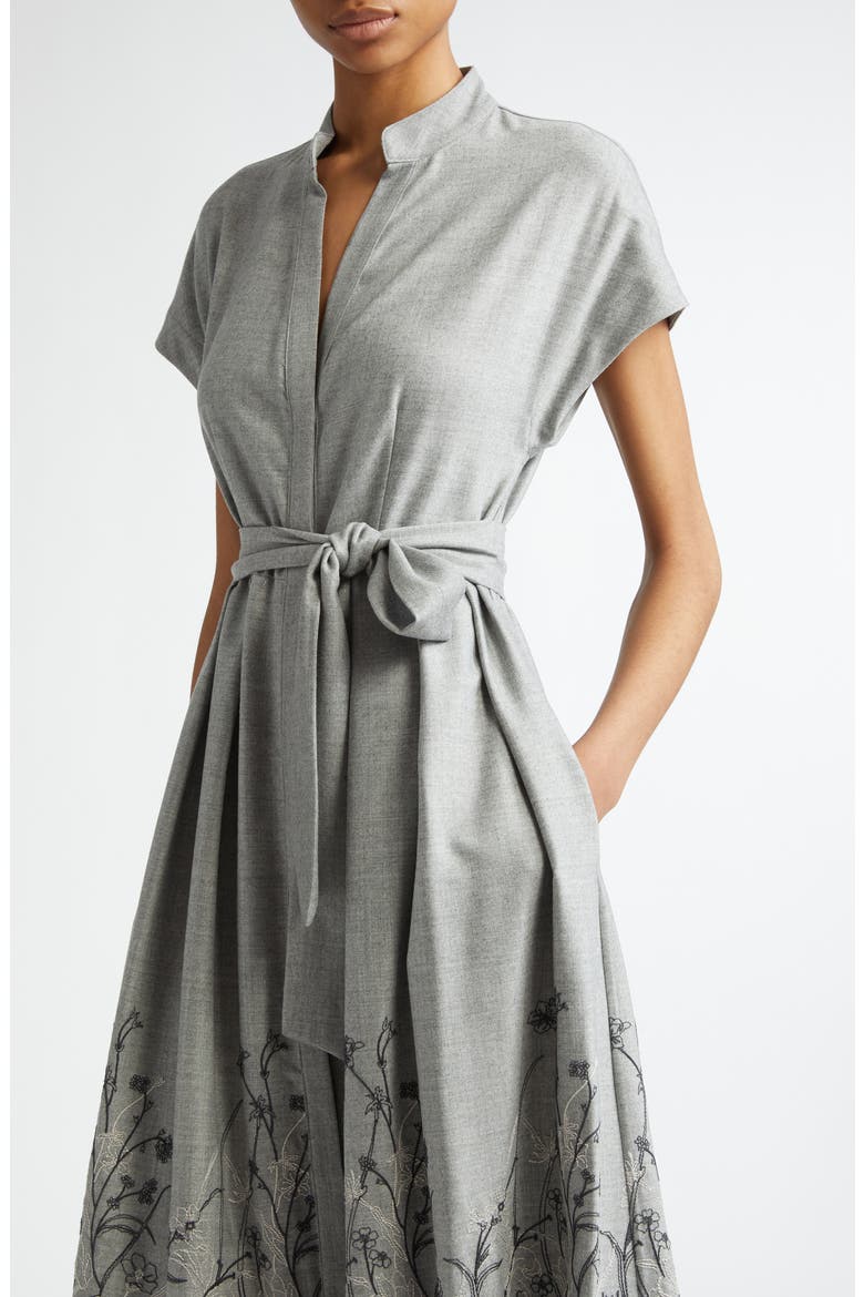 Floral Embroidered Wool Blend Belted Shirtdress, Alternate, color, LIGHT GREY MELANGE