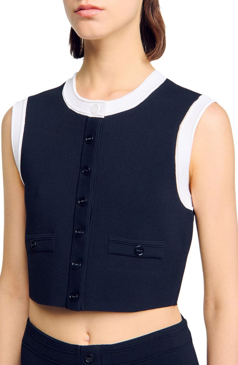 SANDRO Two-tone cropped knit top, Alternate, color, Navy Blue