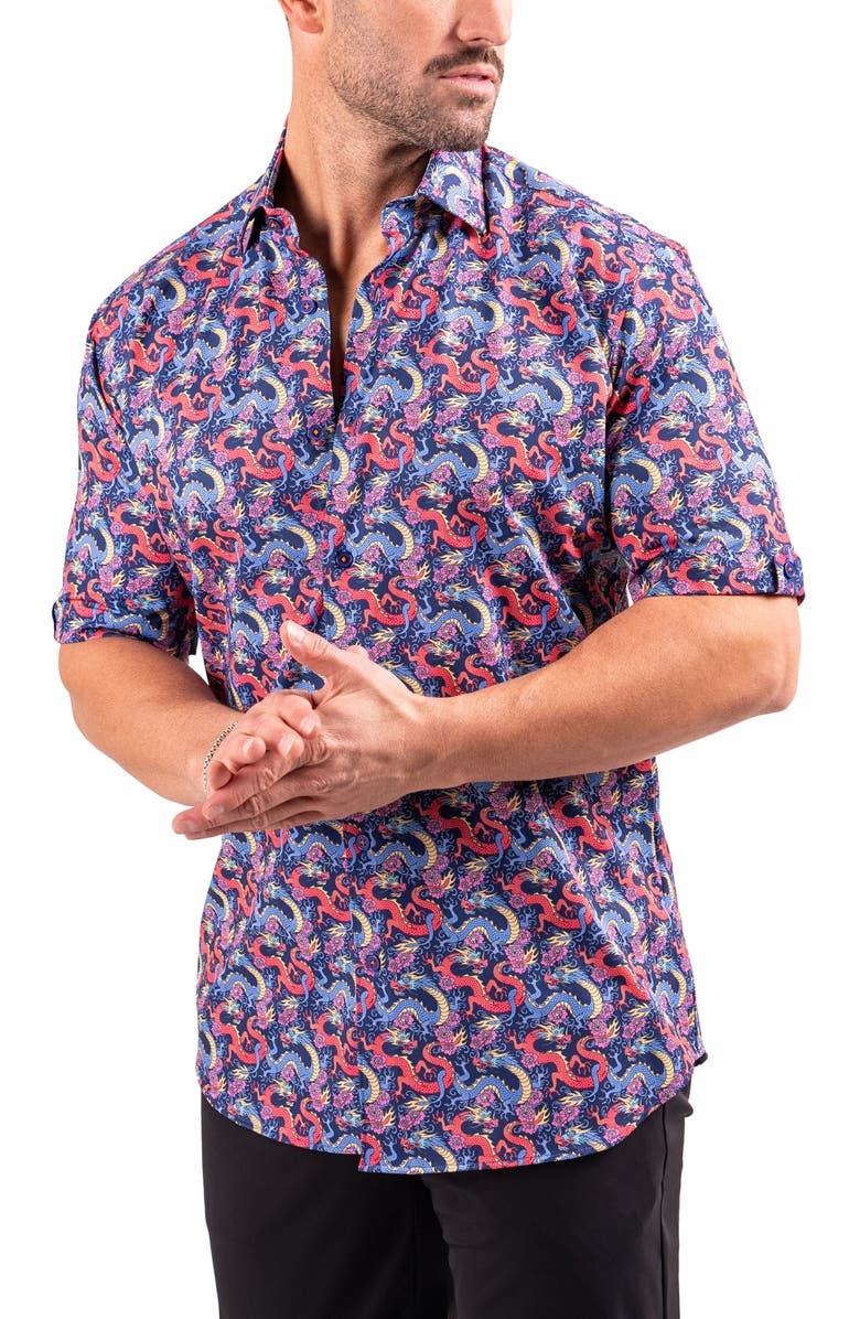 Maceoo Galileo Resistance2210 Black Dragon Print Short Sleeve Cotton Button-Up Shirt, Alternate, color, 