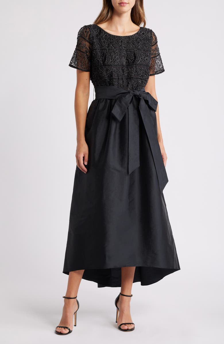 Pisarro Nights Beaded Bodice Taffeta Gown, Main, color, Black