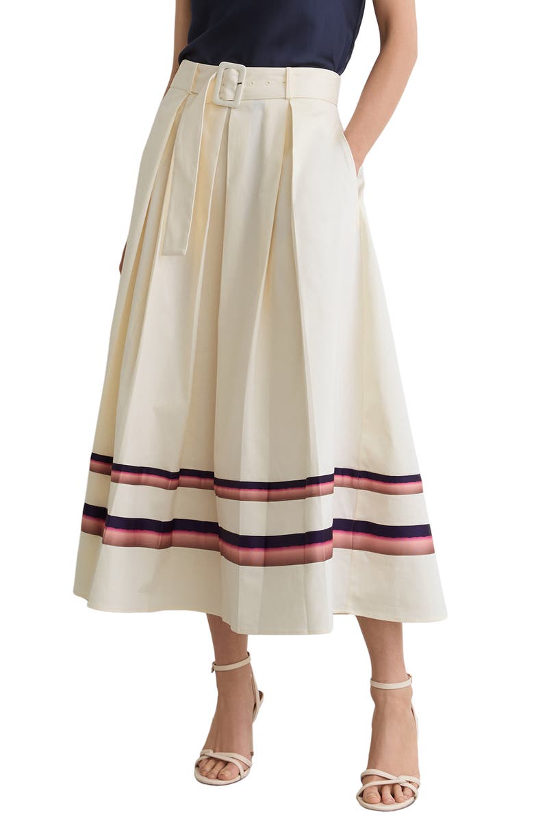 Reiss Rian Stripe Stretch Cotton Midi Skirt, Main, color, Cream