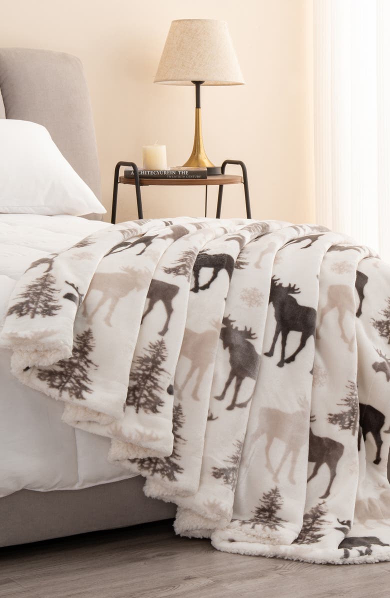 Moose Print Reversible Faux Shearling Throw Blanket