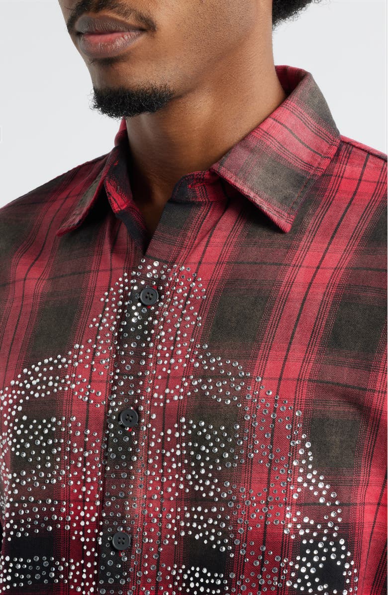 Rolling Loud Bones Studded Flannel Button-Up Shirt, Alternate, color, Red