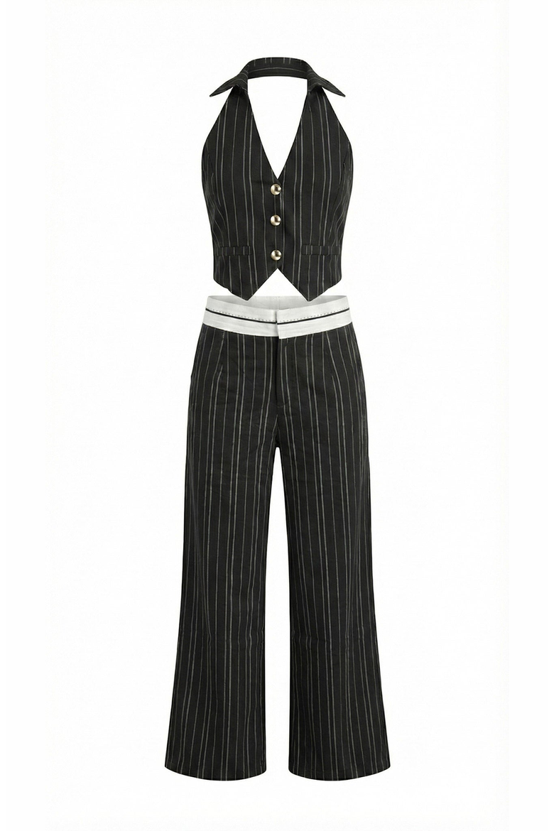 Pinstripe Halter Vest and Wide Leg Pants Set, Alternate, color, Black Pinstripe