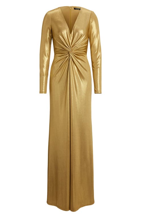 Ralph Lauren Lauren Nadira Metallic Long Sleeve Jersey Gown In Gold