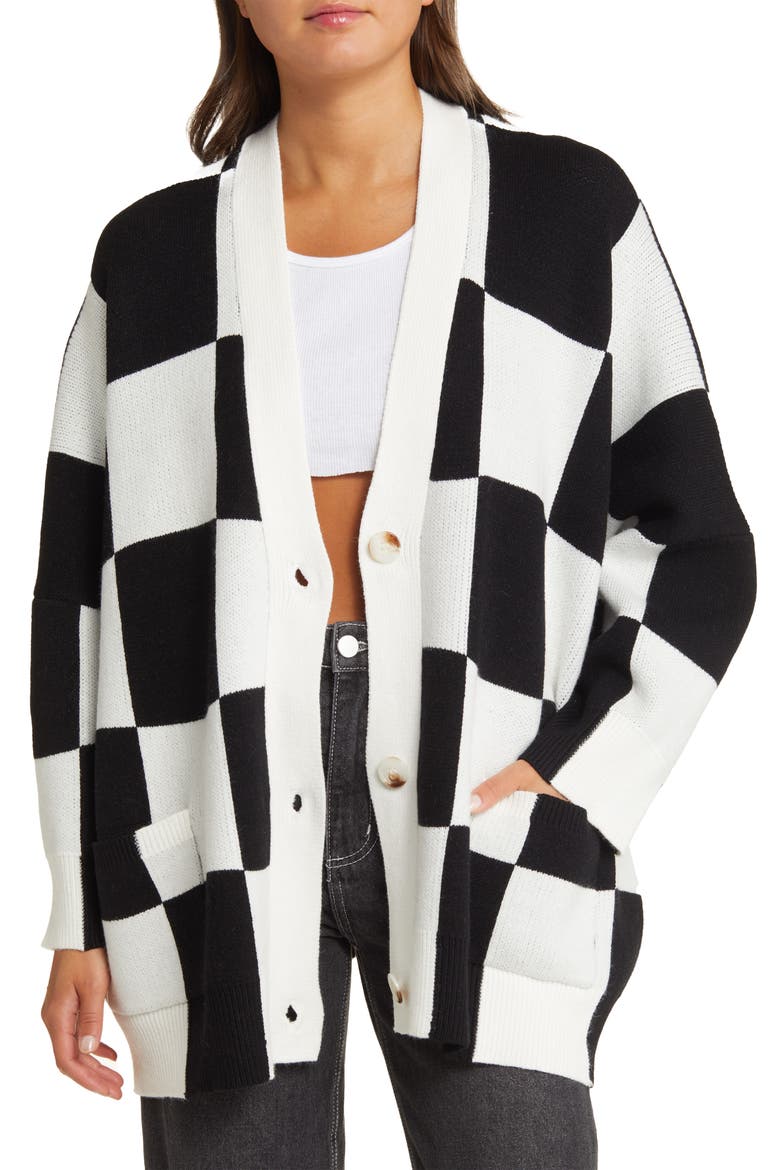 Love You Oversize Checkerboard Cardigan, Main, color, BLACK  WHITE CHECK