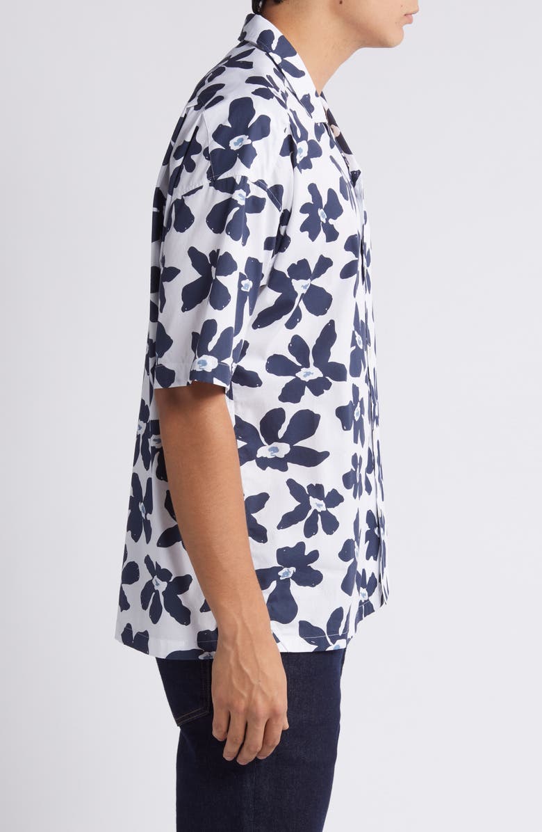 BOSS Drew Palm Print Stretch Camp Shirt, Alternate, color, White-Blue