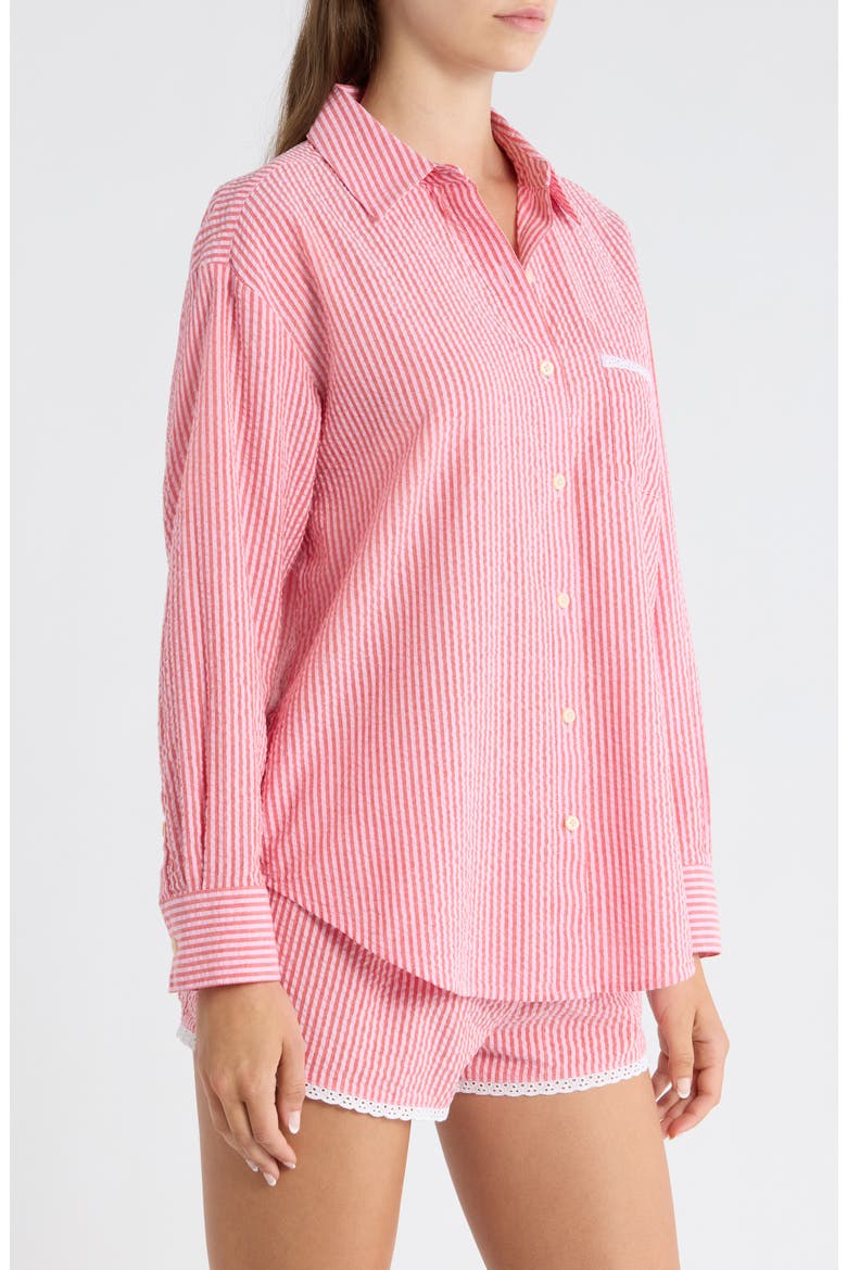 Eyelet Trim Seersucker Cotton Pajama Top, Alternate, color, CORAL- PINK HICKORY STRIPE