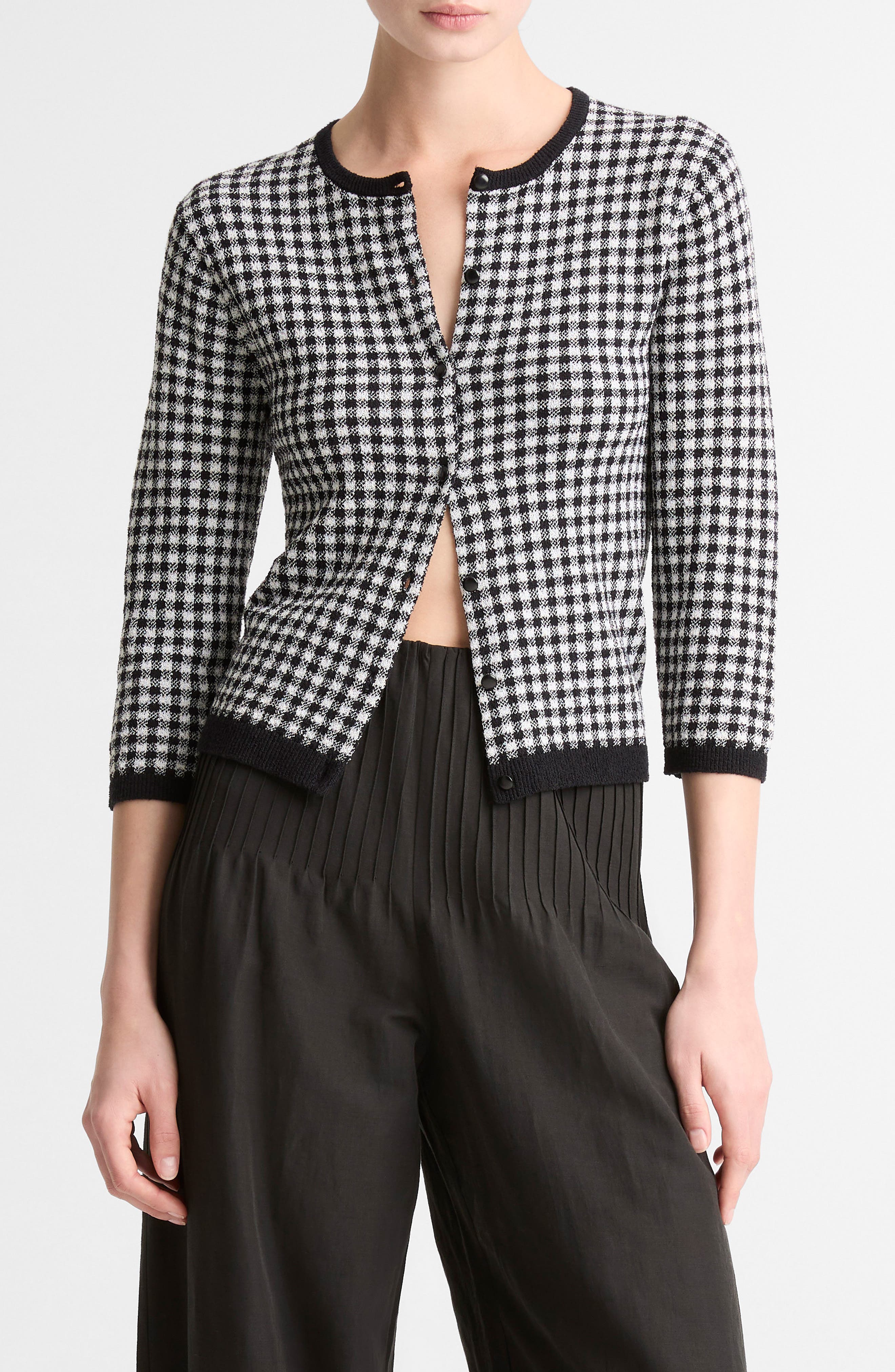 Gingham Check Wool & Cotton Blend Cardigan