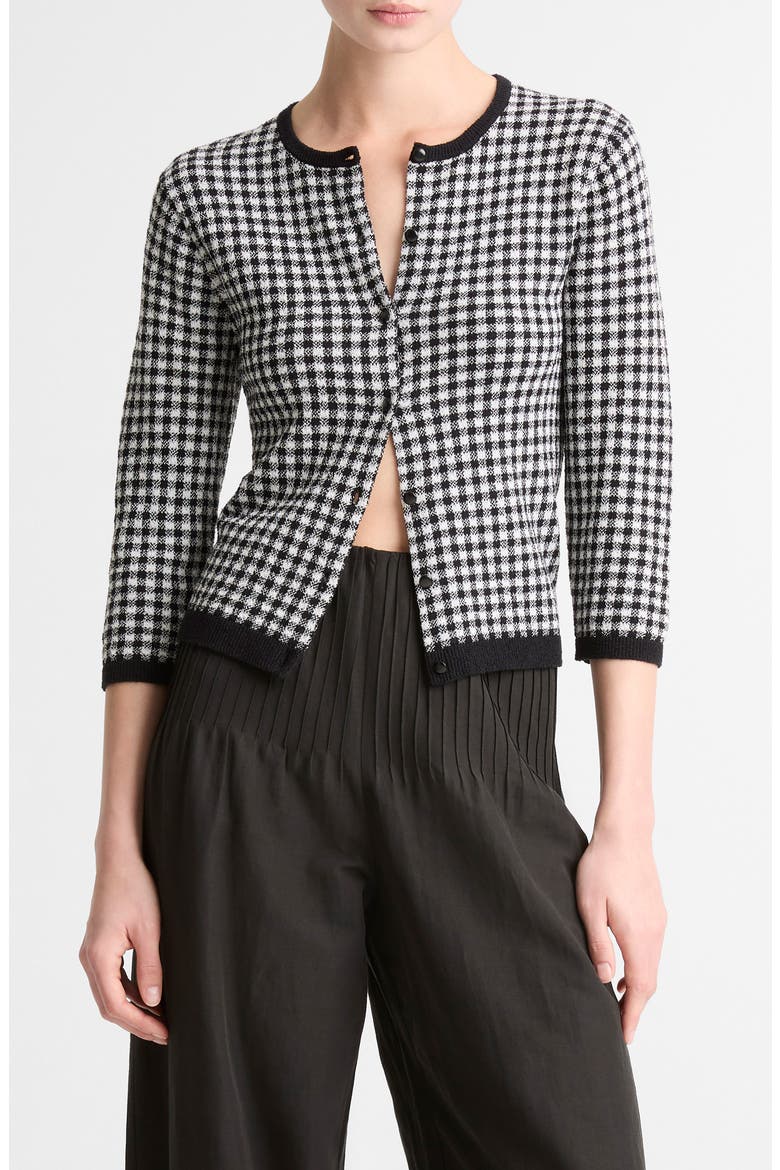 Gingham Check Wool & Cotton Blend Cardigan, Main, color, BLACK/ OFF WHITE