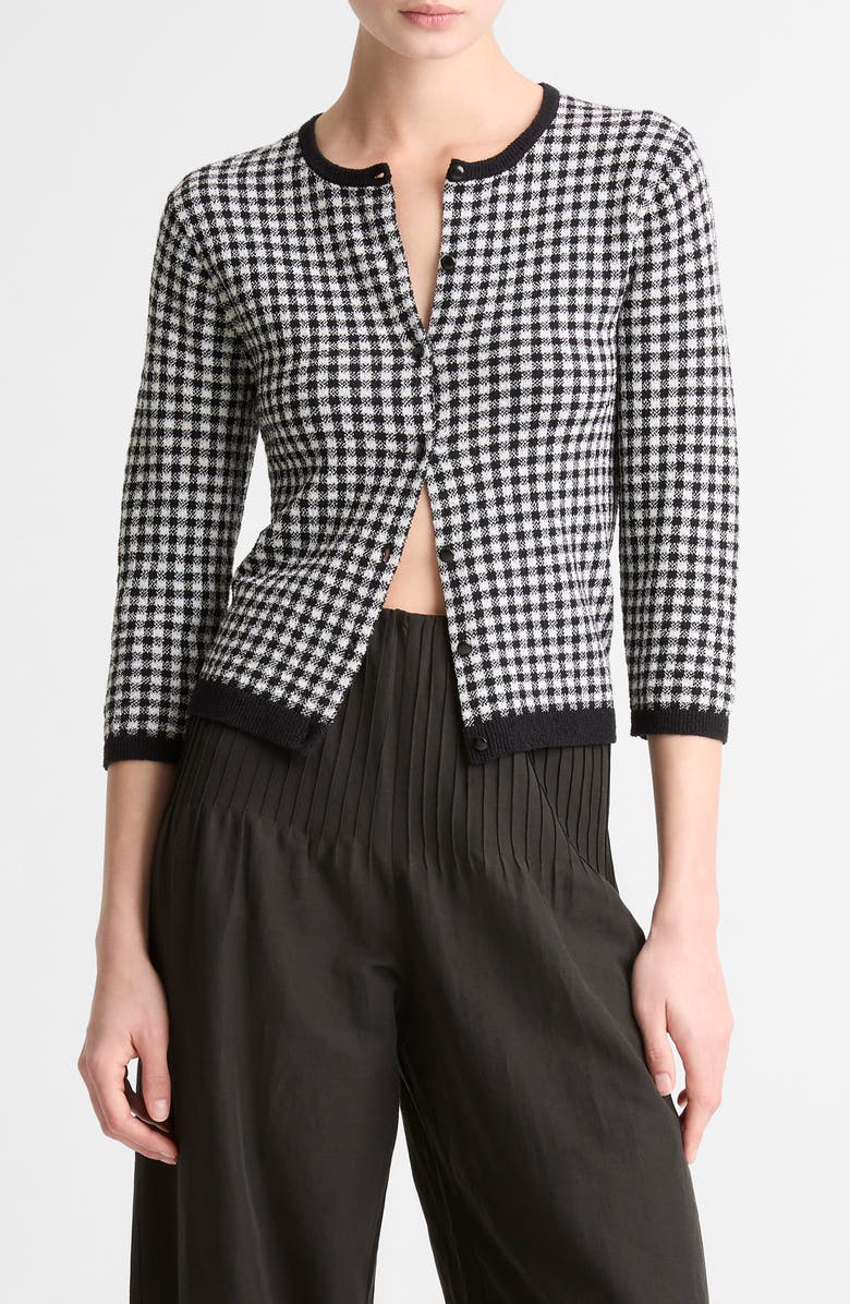 Vince Gingham Check Wool & Cotton Blend Cardigan, Main, color, Black/ Off White