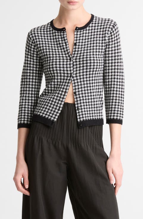 Gingham Check Wool & Cotton Blend Cardigan