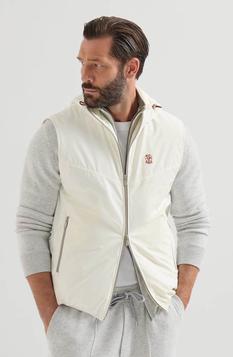 Brunello Cucinelli Bonded nylon hooded vest with Thermore<sup>®</sup> padding and logo, Main, color, Off-White