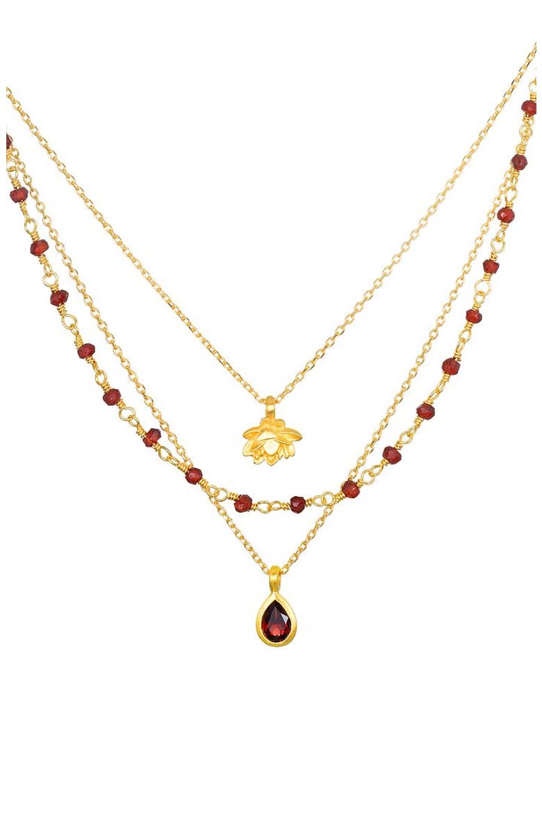Embrace Change Garnet Lotus Triple Necklace, Main, color, Red