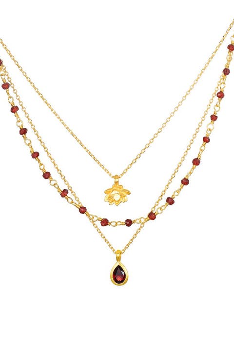 Embrace Change Garnet Lotus Triple Necklace