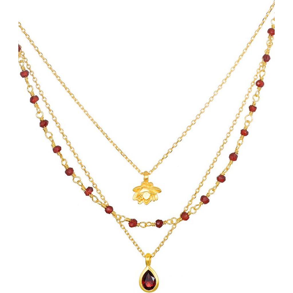 Satya Jewelry Embrace Change Garnet Lotus Triple Necklace In Brown
