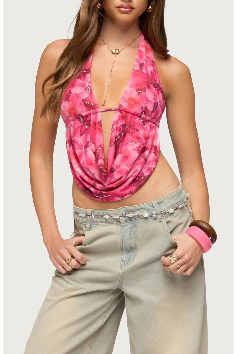 Floral Mesh Cowl Neck Halter Top, Main, color, PINK