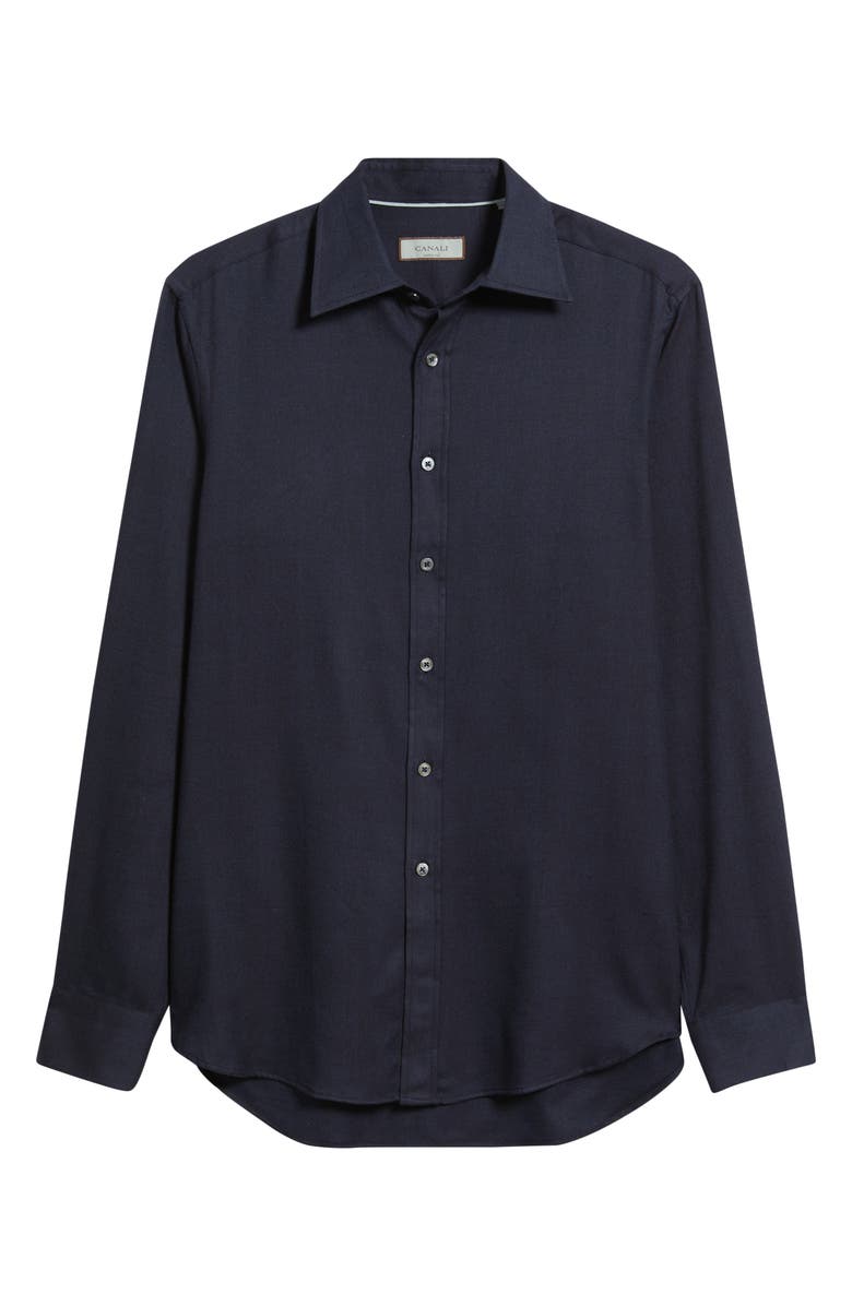 Canali Regular Fit Navy Brushed Cotton Blend Herringbone Button-Up Shirt, Alternate, color, Navy