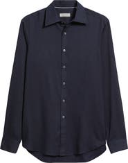 Canali Regular Fit Navy Brushed Cotton Blend Herringbone Button-Up Shirt