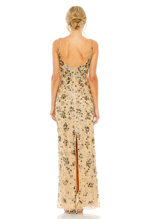 Mac Duggal Floral Embellished Scoop Neck Evening Gown In Gold