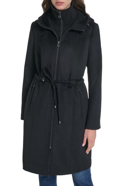 Hooded Wool Blend Zip Up Coat