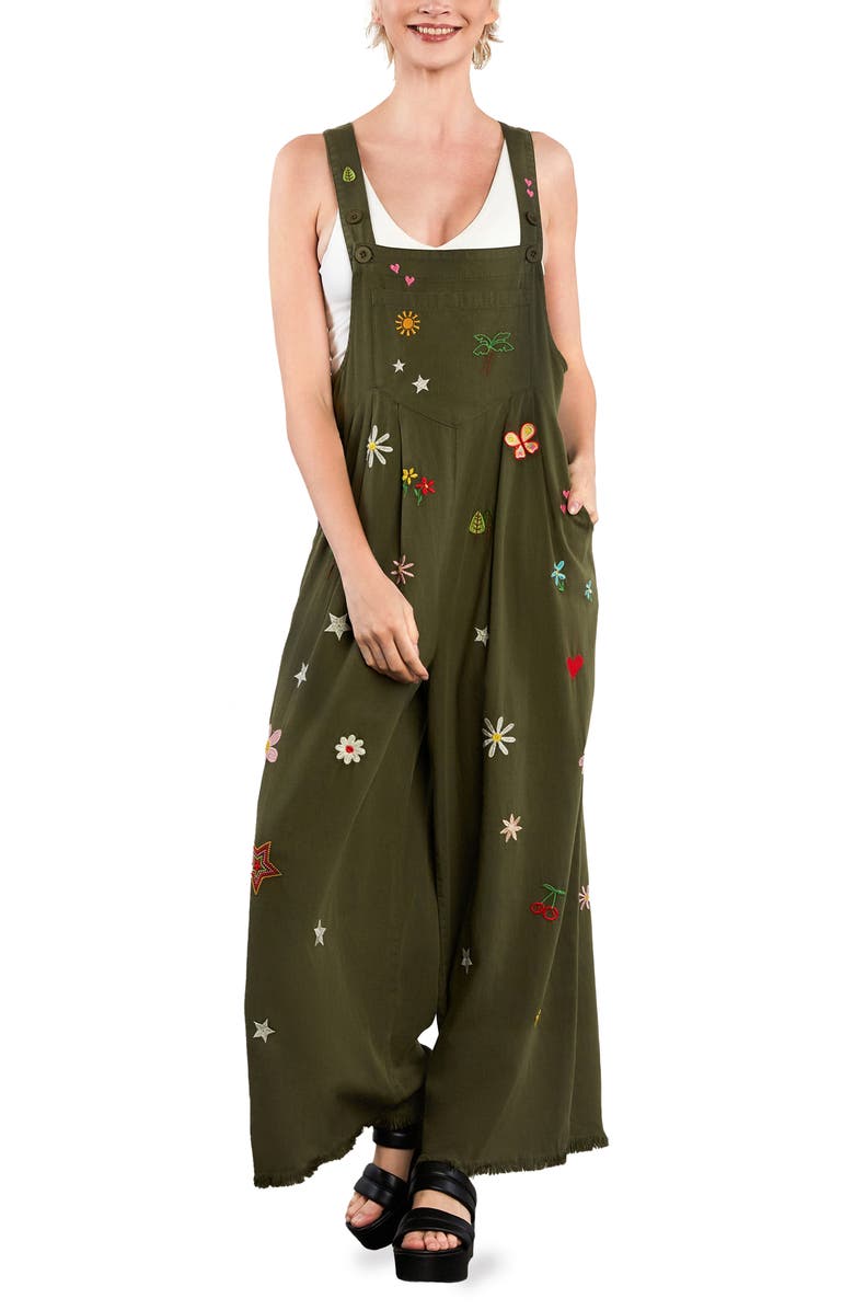 Billy T Oooh La La Embroidered Wide Leg Denim Overalls, Alternate, color, Olive