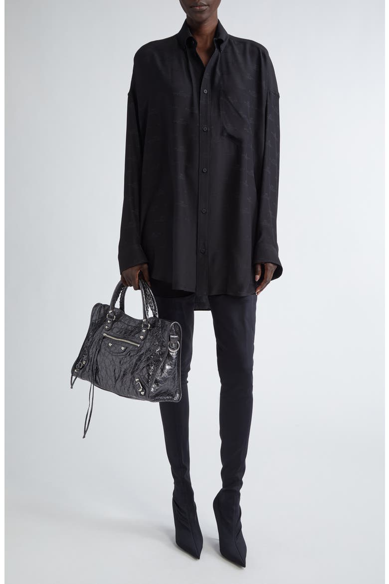 BB Monogram Cocoon Silk Button-Down Shirt, Alternate, color, 1000 BLACK