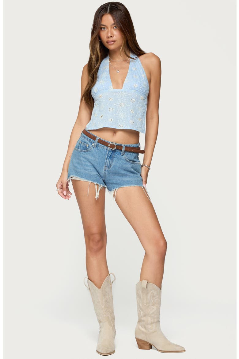 Backless Eyelet Halter Top, Alternate, color, BLUE