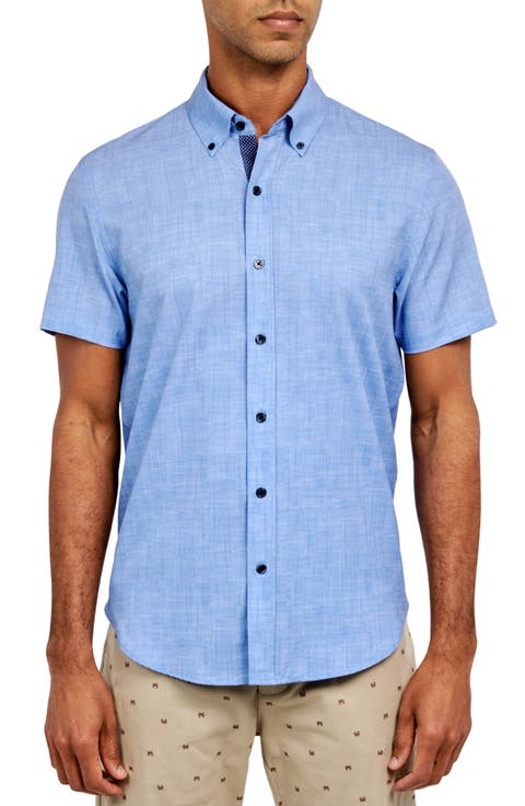 Slim Fit Four-Way Stretch Performance Chambray Short Sleeve Button-Down Shirt
