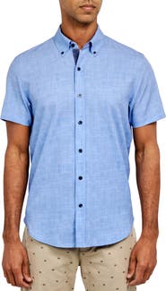 CONSTRUCT Slim Fit Four-Way Stretch Performance Chambray Short Sleeve Button-Down Shirt