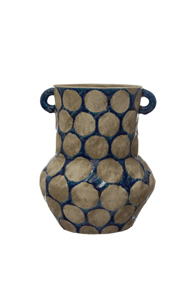 Storied Home Terra-cotta Vase with Wax Relief Dots and Small Decorative Handles, Dark Blue and Cement, Main, color, Blue