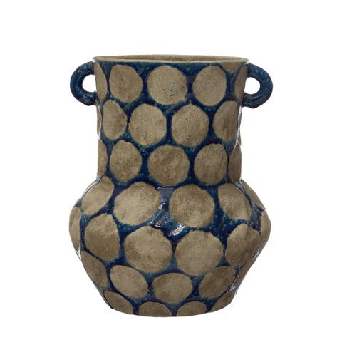 Terra-cotta Vase with Wax Relief Dots and Small Decorative Handles, Dark Blue and Cement