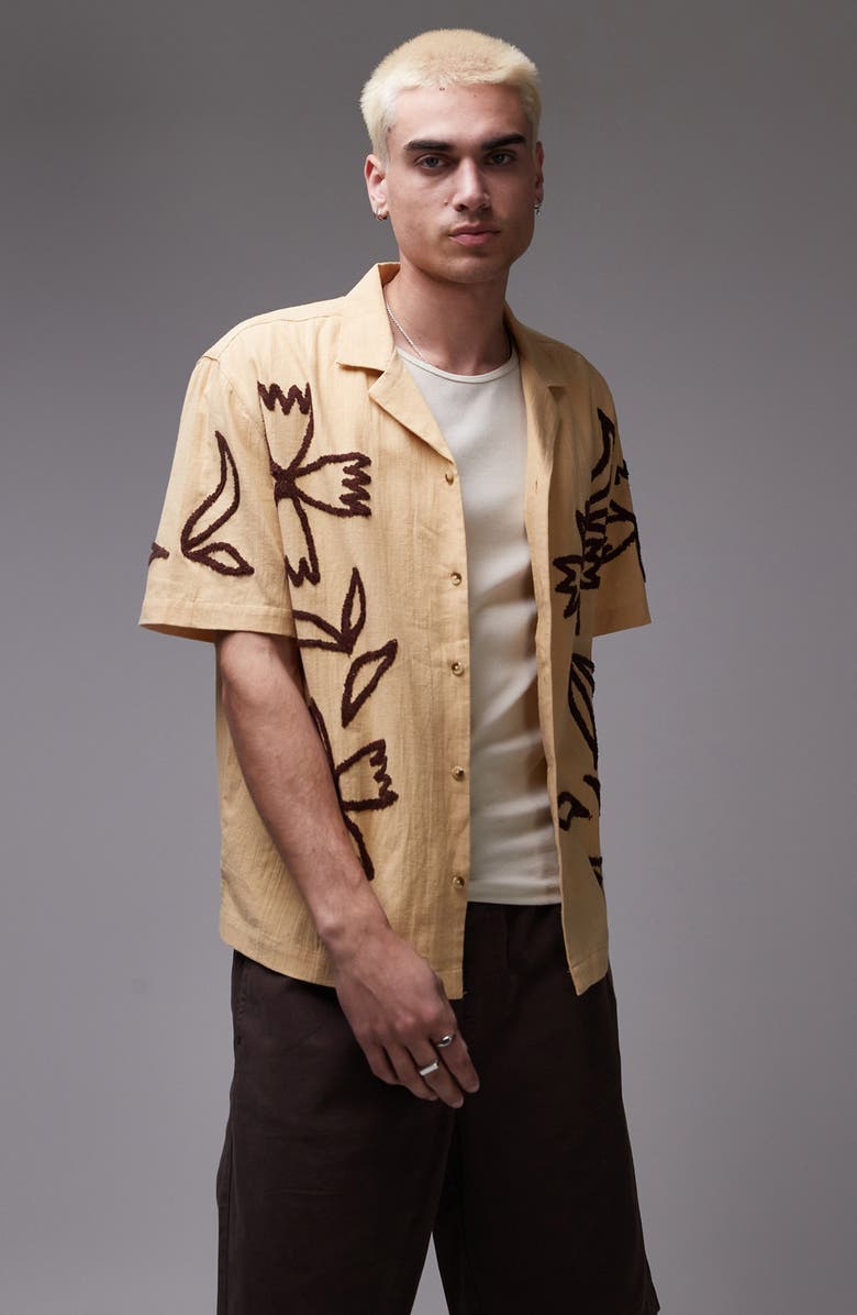 Topman Embroidered Short Sleeve Cotton & Linen Button-Up Shirt, Main, color, Buttermilk Yellow