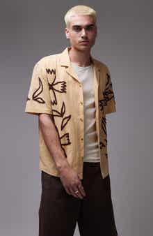 Topman Embroidered Short Sleeve Cotton & Linen Button-Up Shirt