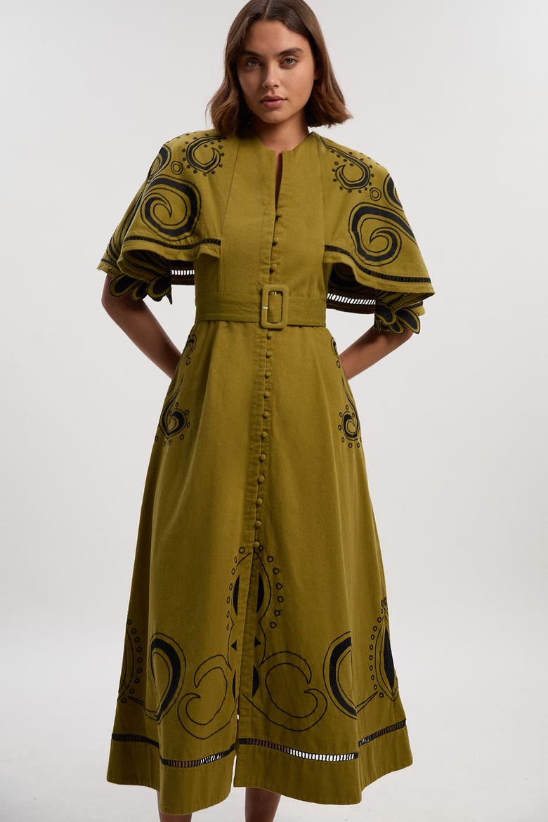 Baroque Cape Sleeve Midi Dress, Main, color, Khaki