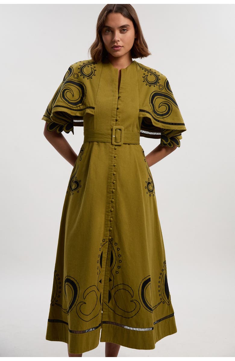 Karen Millen Baroque Cape Sleeve Midi Dress, Main, color, Khaki